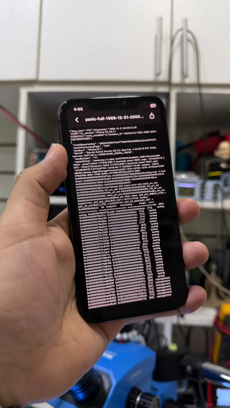 Log erori iPhone 11 panic full NAND – diagnostic repornire ciclica la fiecare 3 minute București